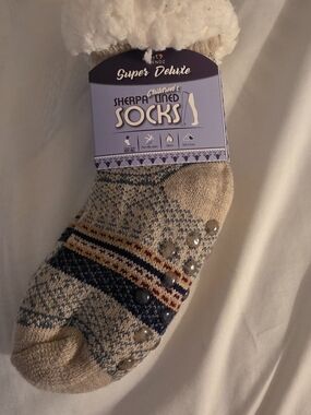 Sherpa-Lined Kids Socks - Beige with Navy & Burgundy Stripes